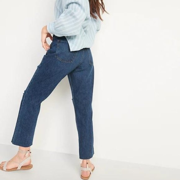 Old Navy High-Waisted Slouchy Straight Cropped Ripped Dark-Wash Jeans for Women - Picture 3 of 7